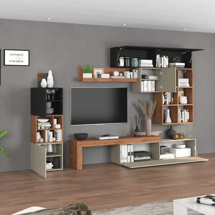 Parete attrezzata 350x200h cm antracite tortora rovere Block 3