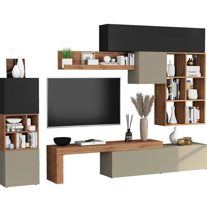 Parete attrezzata 350x200h cm antracite tortora rovere Block 3