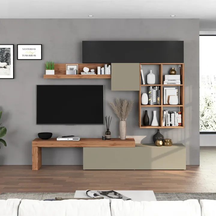 Parete attrezzata 270x200h cm antracite tortora rovere Block 4