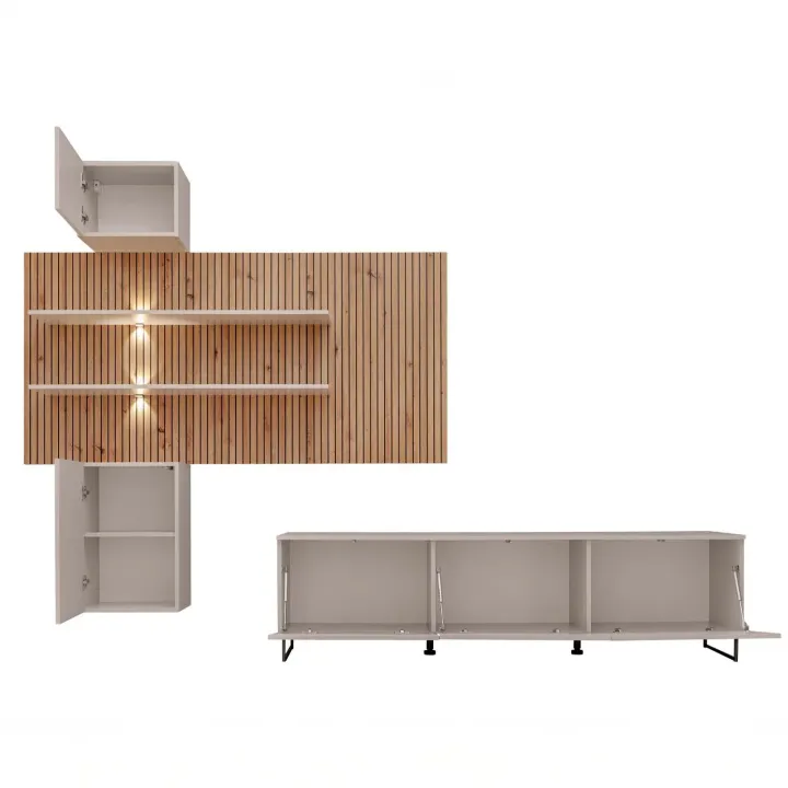 Parete attrezzata 280x200h cm beige cashmere rovere con stampa nera Barcellona