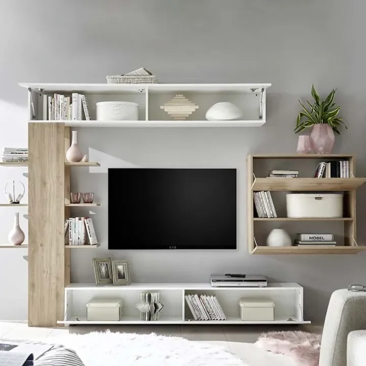 Parete attrezzata 285x187h cm bianco lucido e opaco rovere Steppi 2