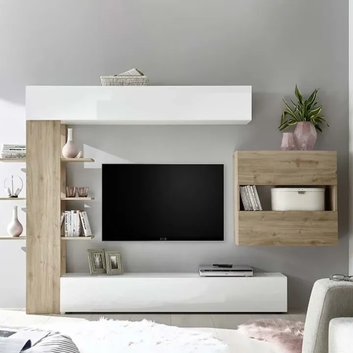 Parete attrezzata 285x187h cm bianco lucido e opaco rovere Steppi 2