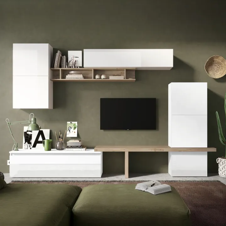 Parete attrezzata 320x195h cm bianco lucido rovere chiaro Sunset 19