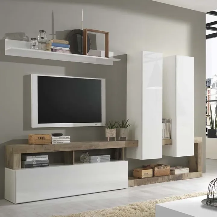 Parete attrezzata 277x200h cm bianco lucido pero soggiorno Invictus