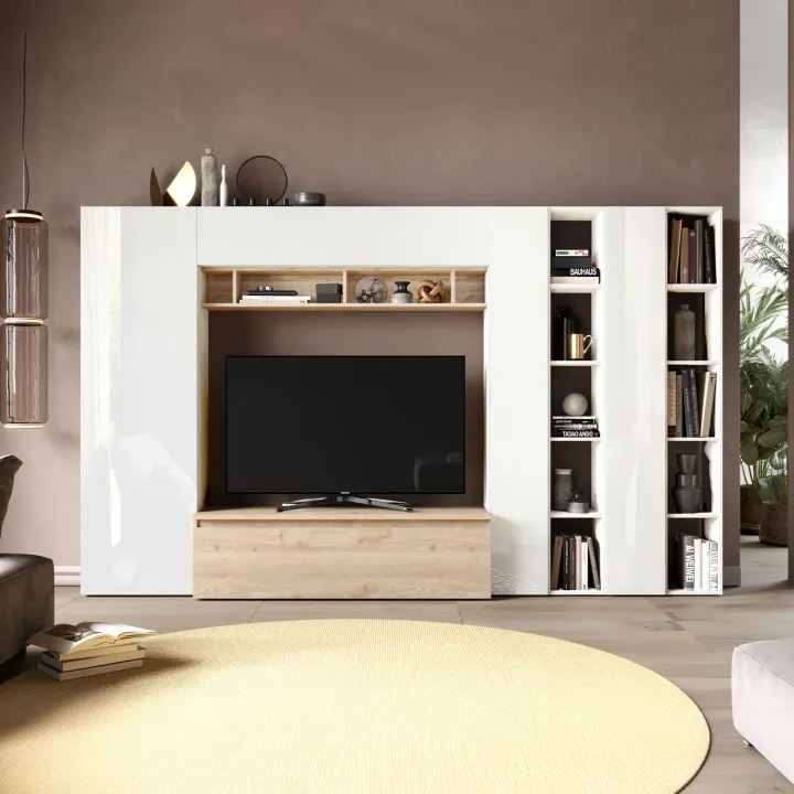 Parete attrezzata 305x186h cm bianco lucido rovere chiaro Sunset 36