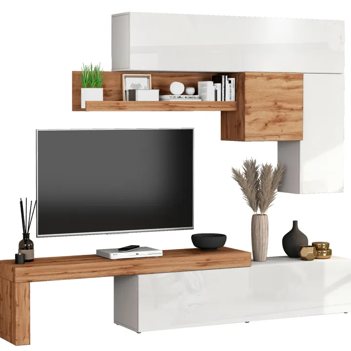 Parete attrezzata 270x200h cm bianco lucido rovere Block 2