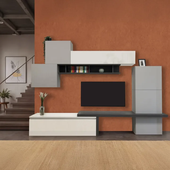 Parete attrezzata 280x202h cm bianco lucido grigio chiaro antracite Sunset 1037