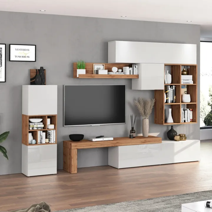 Parete attrezzata 350x200h cm bianco lucido rovere Block 3