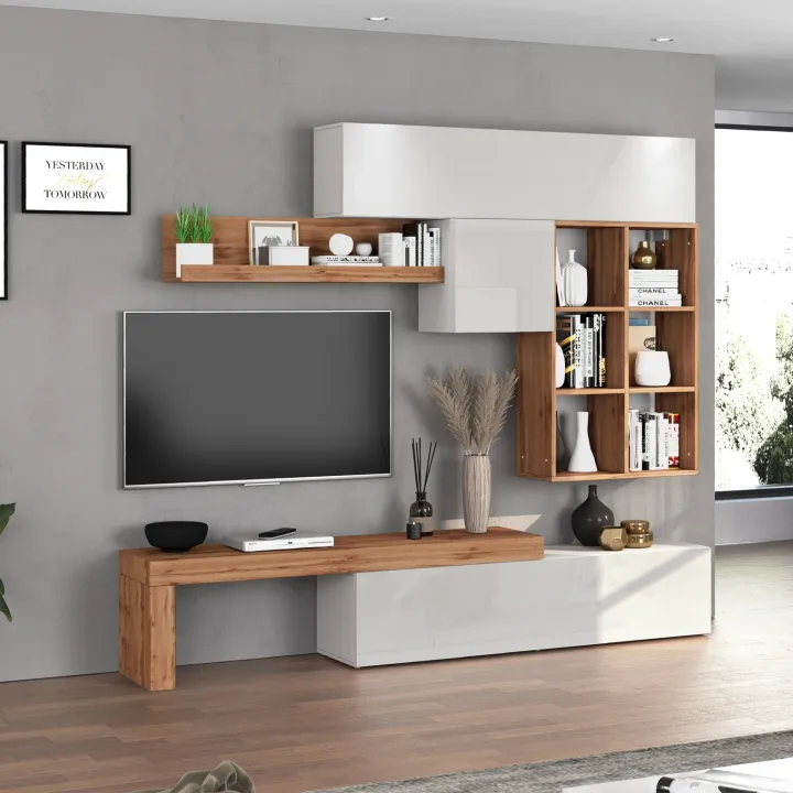 Parete attrezzata 270x200h cm bianco lucido rovere Block 4