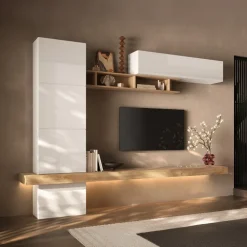 Parete attrezzata 276x200h cm bianco lucido rovere chiaro Sunset 1026