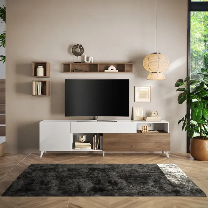Parete attrezzata 241x176h cm bianco lucido rovere scuro Witty