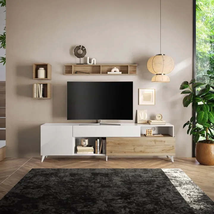 Parete attrezzata 241x176h cm bianco lucido rovere chiaro Witty