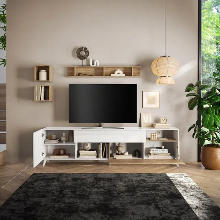 Parete attrezzata 241x176h cm bianco lucido rovere chiaro Witty