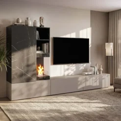 Parete attrezzata 270x158h cm con biocamino grigio nero effetto marmo Clio