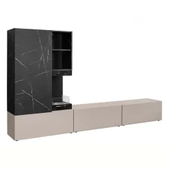 Parete attrezzata 270x158h cm con biocamino grigio nero effetto marmo Clio