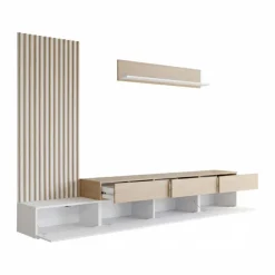 Parete attrezzata 300x209h cm con pannello cannettato bianco opaco rovere Orizon