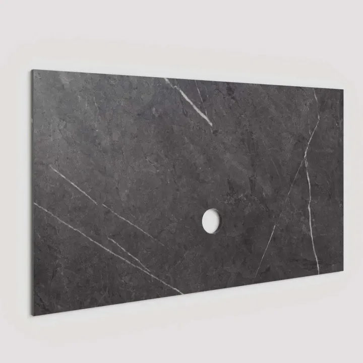 Parete attrezzata 330x220h cm con pannello cannettato beige rovere scuro nero effetto marmo Sunset Decor 1043