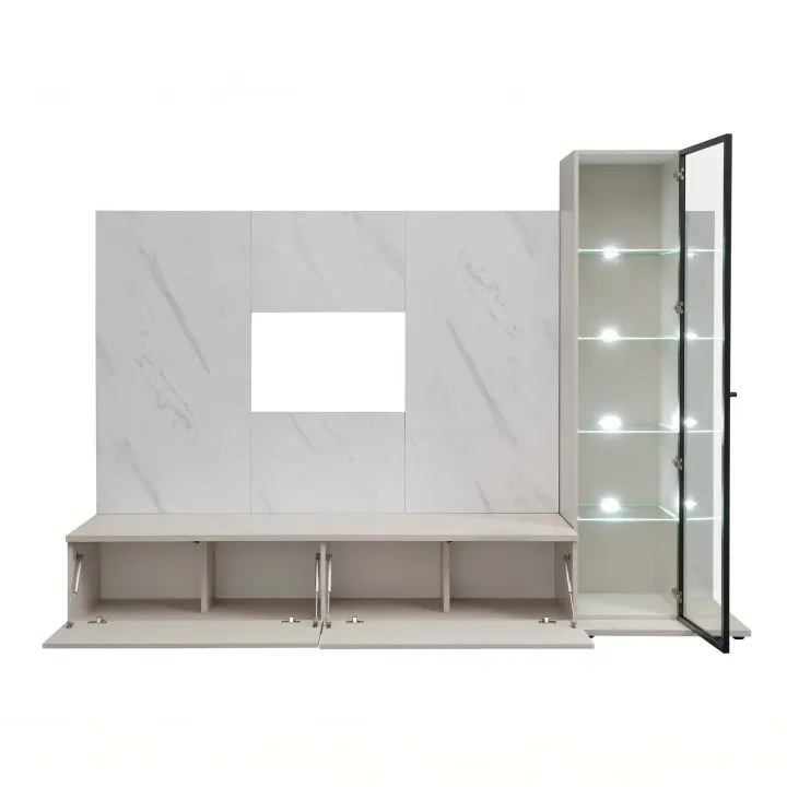 Parete attrezzata 220x175h cm con vetrina beige cashmere e bianco effetto marmo Paula
