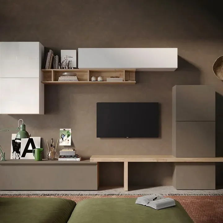 Parete attrezzata 320x195h cm design moderno bianco rovere marrone Sunset 19