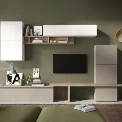 Parete attrezzata 320x195h cm design moderno tortora rovere chiaro bianco lucido Sunset 19