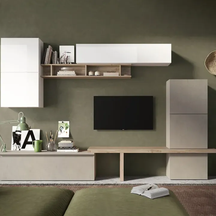 Parete attrezzata 320x195h cm design moderno tortora rovere chiaro bianco lucido Sunset 19