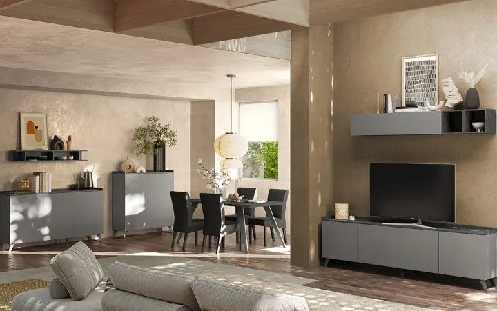 Parete attrezzata 241x165h cm grigio scuro antracite Jonson