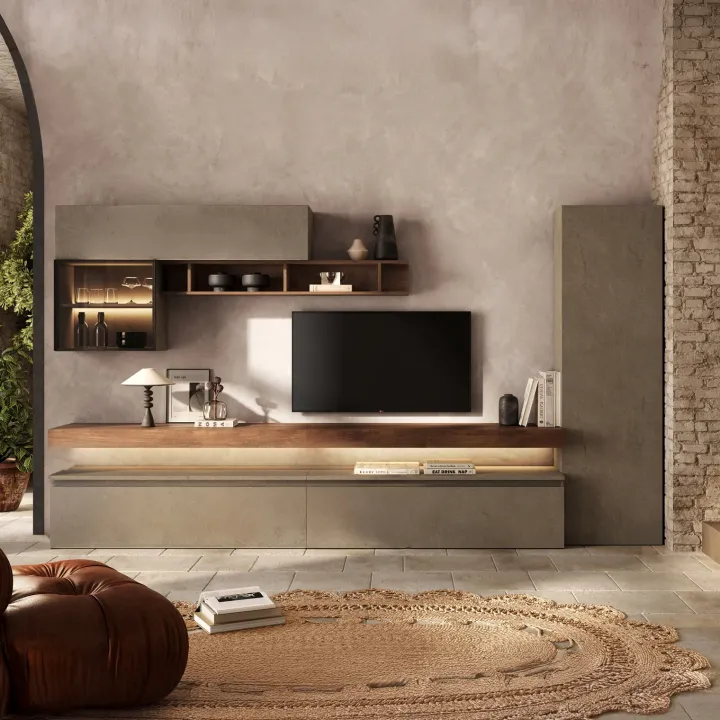 Parete attrezzata 331x186h cm marrone bronzo rovere scuro Sunset 1025