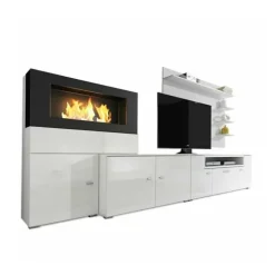 Parete attrezzata 288x170h cm moderna reversibile con biocamino bianca Fire Gihome®