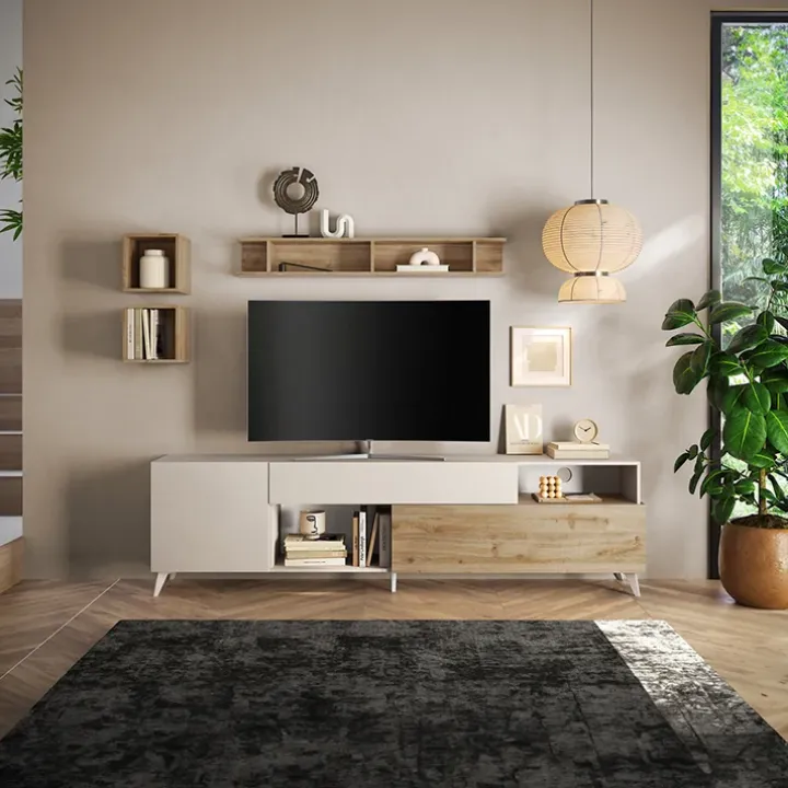 Parete attrezzata 241x176h cm moderna beige rovere chiaro Witty
