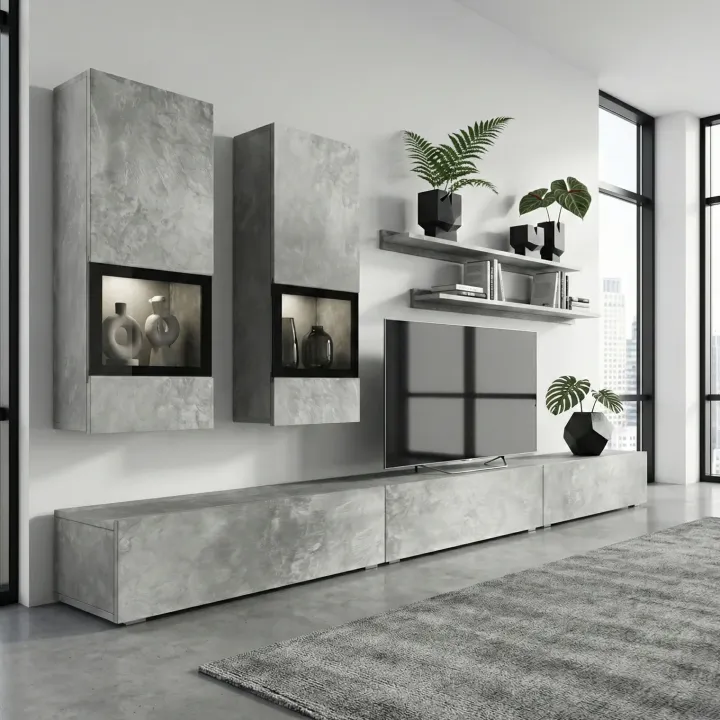 Parete attrezzata 270x176h cm moderna grigio cemento Emotion Gihome®
