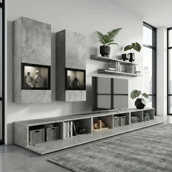 Parete attrezzata 270x176h cm moderna grigio cemento Emotion Gihome®