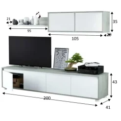 Parete attrezzata 200x145h cm moderna soggiorno bianco cemento Itaca