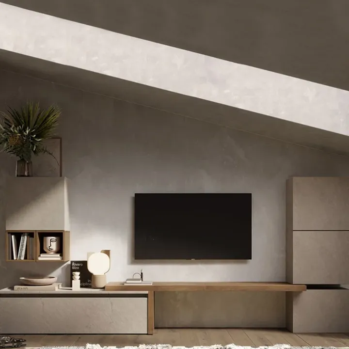 Parete attrezzata 322x140h cm moderna tortora rovere scuro Sunset 18