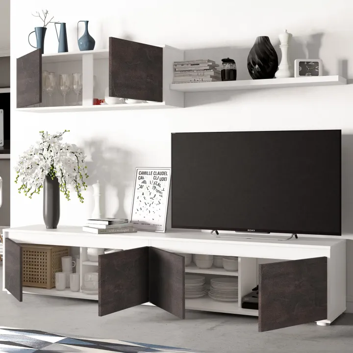 Parete attrezzata 200x145h cm moderna soggiorno bianco opaco ossido Itaca