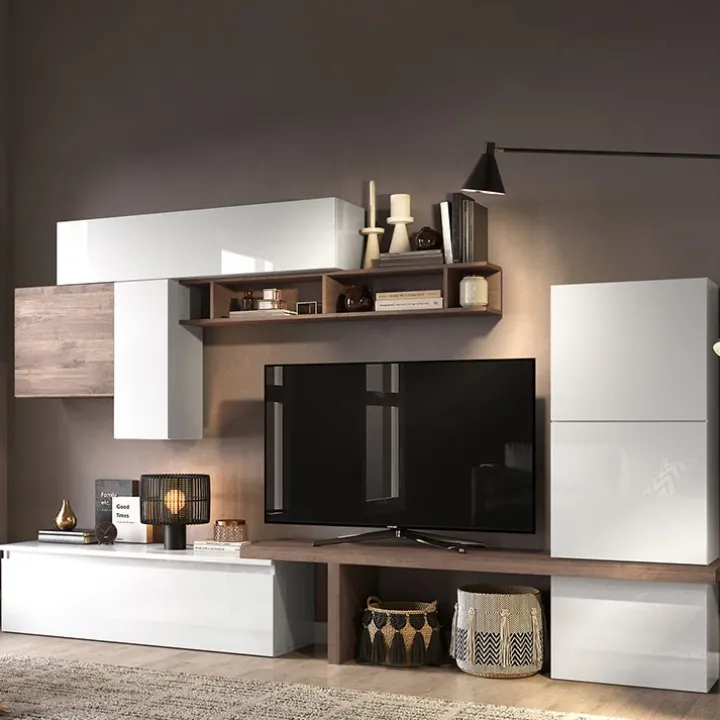 Parete attrezzata 300x195h cm moderna rovere scuro bianco lucido Sunset 46