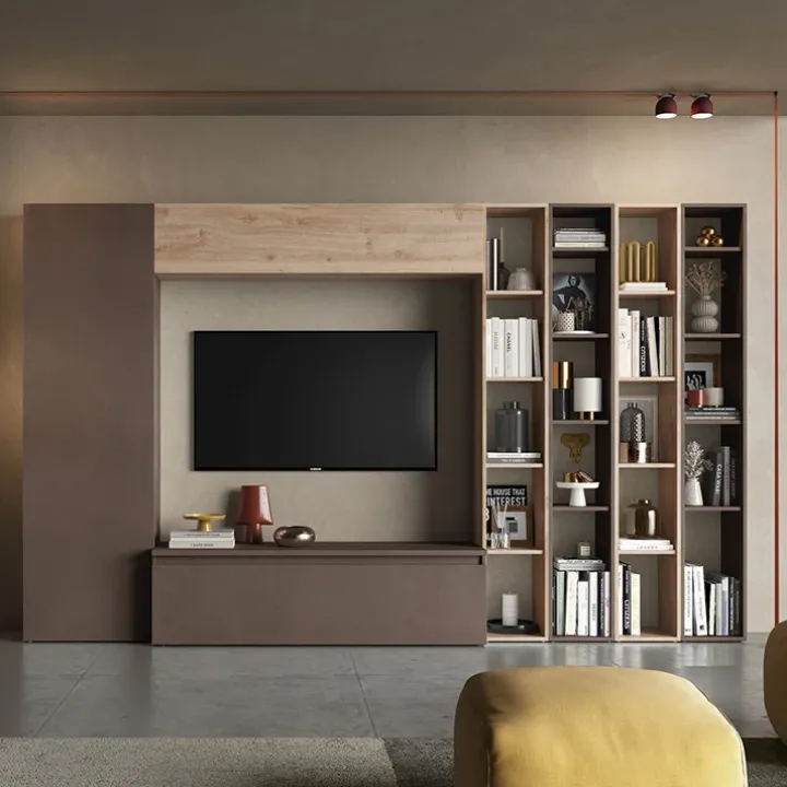 Parete attrezzata 305x186h cm moderna soggiorno marrone bronzo rovere chiaro Sunset 10