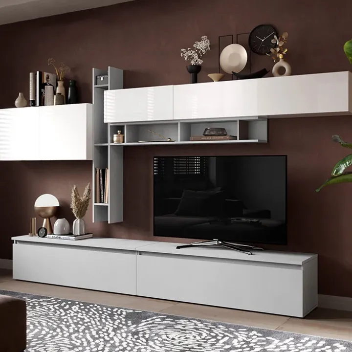 Parete attrezzata 336x200h cm moderna bianco lucido grigio Sunset 32