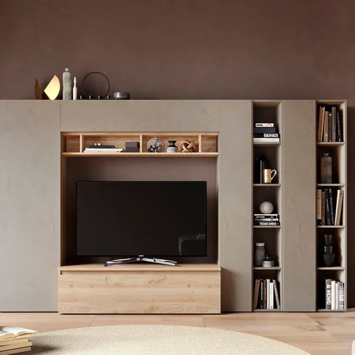 Parete attrezzata 305x186h cm moderna tortora rovere chiaro Sunset 36