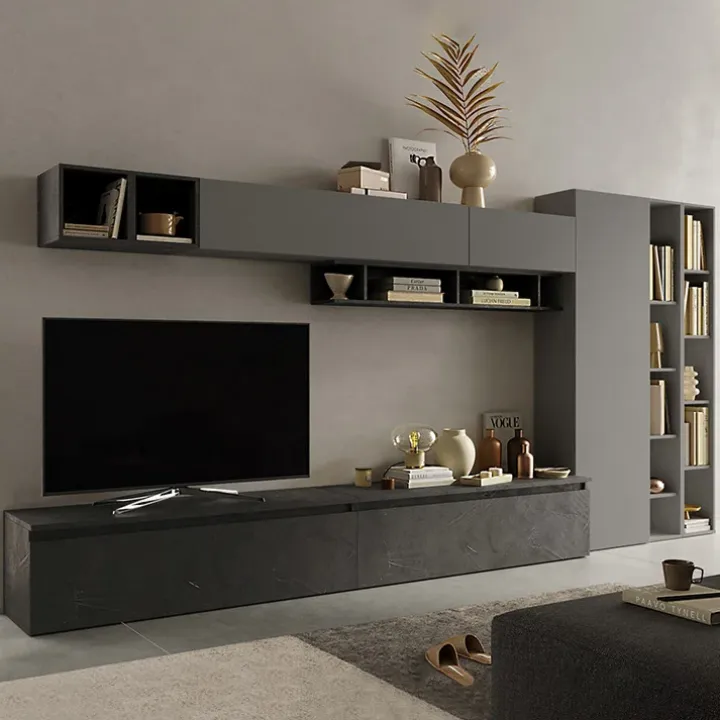 Parete attrezzata 387x186h cm moderna antracite grigio Sunset 43