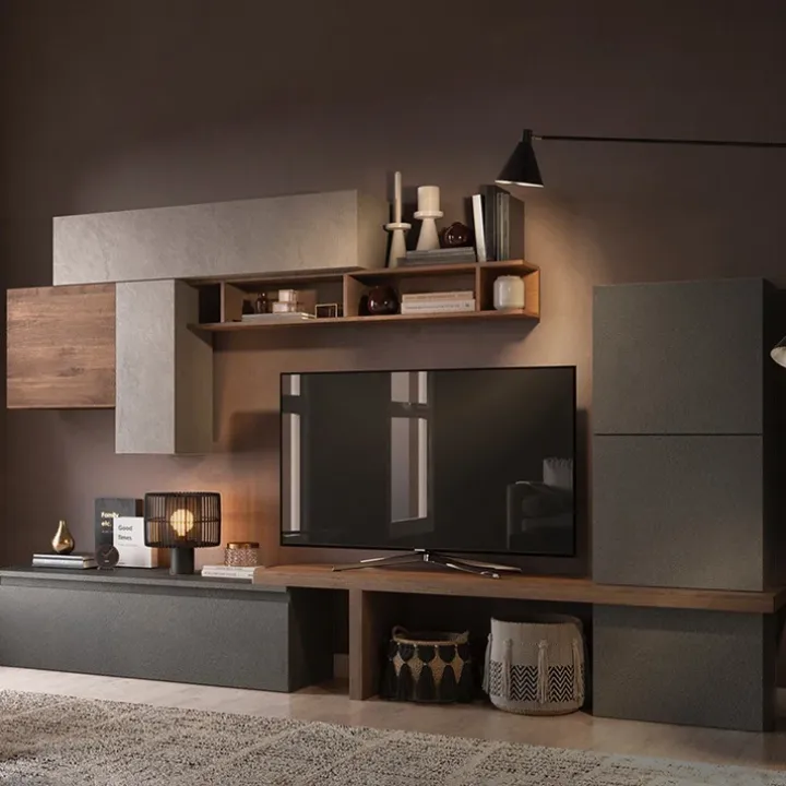 Parete attrezzata 300x195h cm moderna rovere ossido tortora Sunset 46