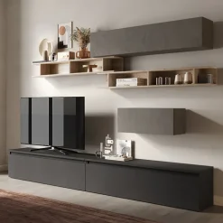 Parete attrezzata 276x190h cm moderna antracite rovere scuro Sunset 39