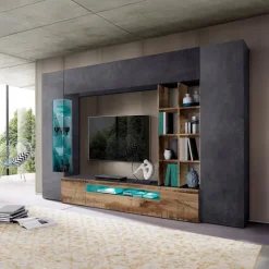 Parete attrezzata 290x192h cm moderna grigio ardesia acero pereira Zenith