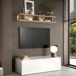 Parete attrezzata 138x170h cm moderna bianco lucido rovere chiaro Sunset 93