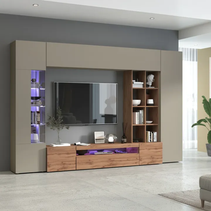 Parete attrezzata 290x190h cm moderna tortora rovere Zenith
