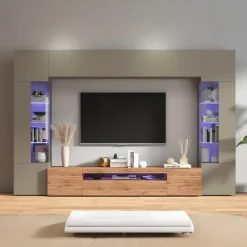 Parete attrezzata 290x190h cm moderna 2 vetrine tortora rovere Zenith 2