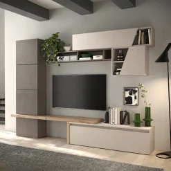 Parete attrezzata 280x202h cm moderna beige marrone rovere chiaro Sunset 68