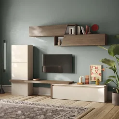 Parete attrezzata 280x202h cm moderna beige rovere scuro Sunset 69