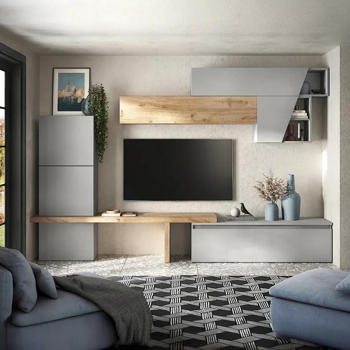 Parete attrezzata 305x210h cm moderna grigio chiaro rovere chiaro Sunset 74