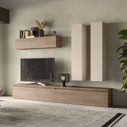 Parete attrezzata 276x205h cm moderna beige rovere scuro Sunset 80
