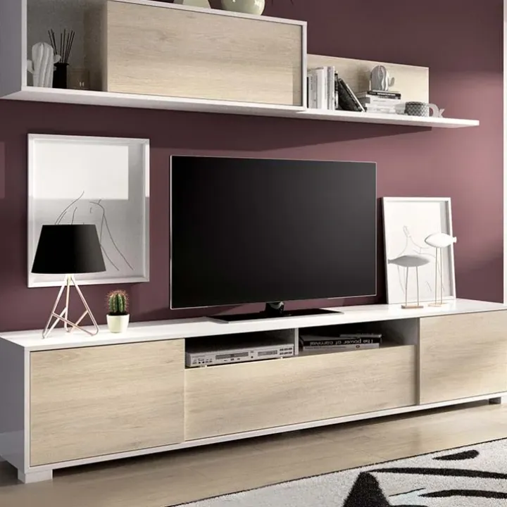 Parete attrezzata 200x140h cm moderna rovere bianco lucido Isador